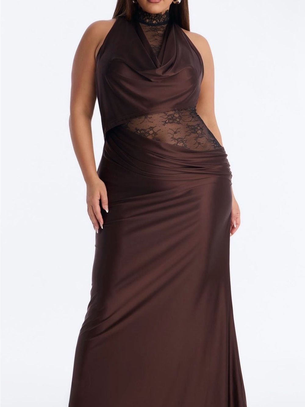 Fashion Nova Brown Lace-Trim Cowl Neck Slip Dress